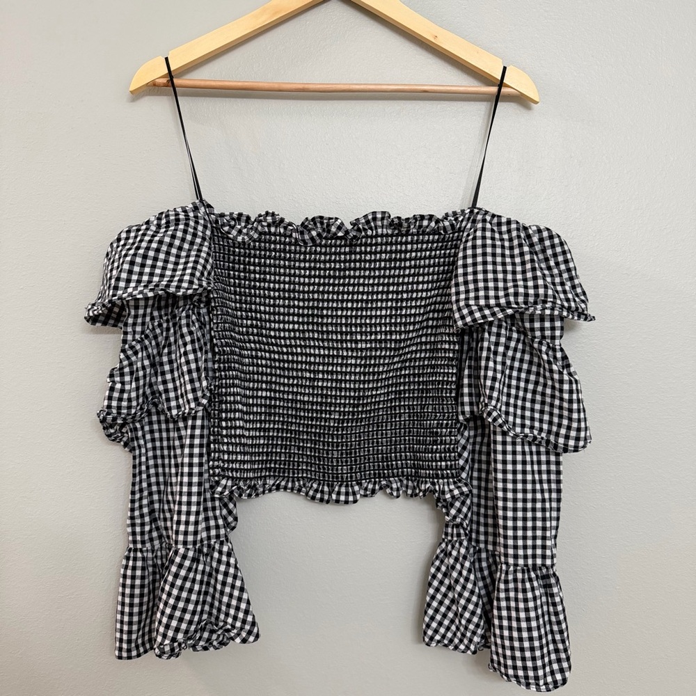 WAYF Gingham Off-Shoulder Smocked Crop Top